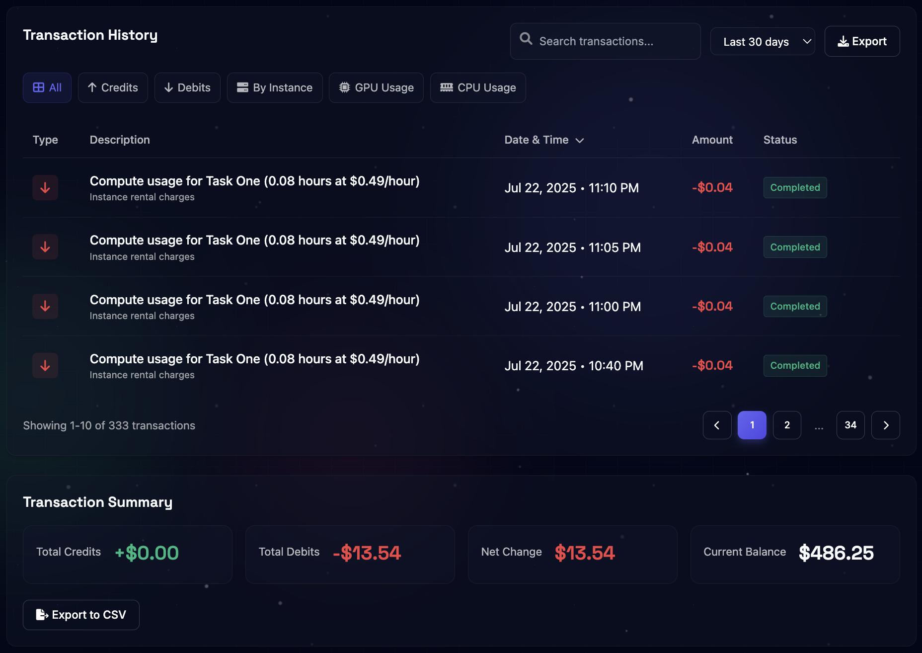 SLYD Transaction History showing complete billing records
