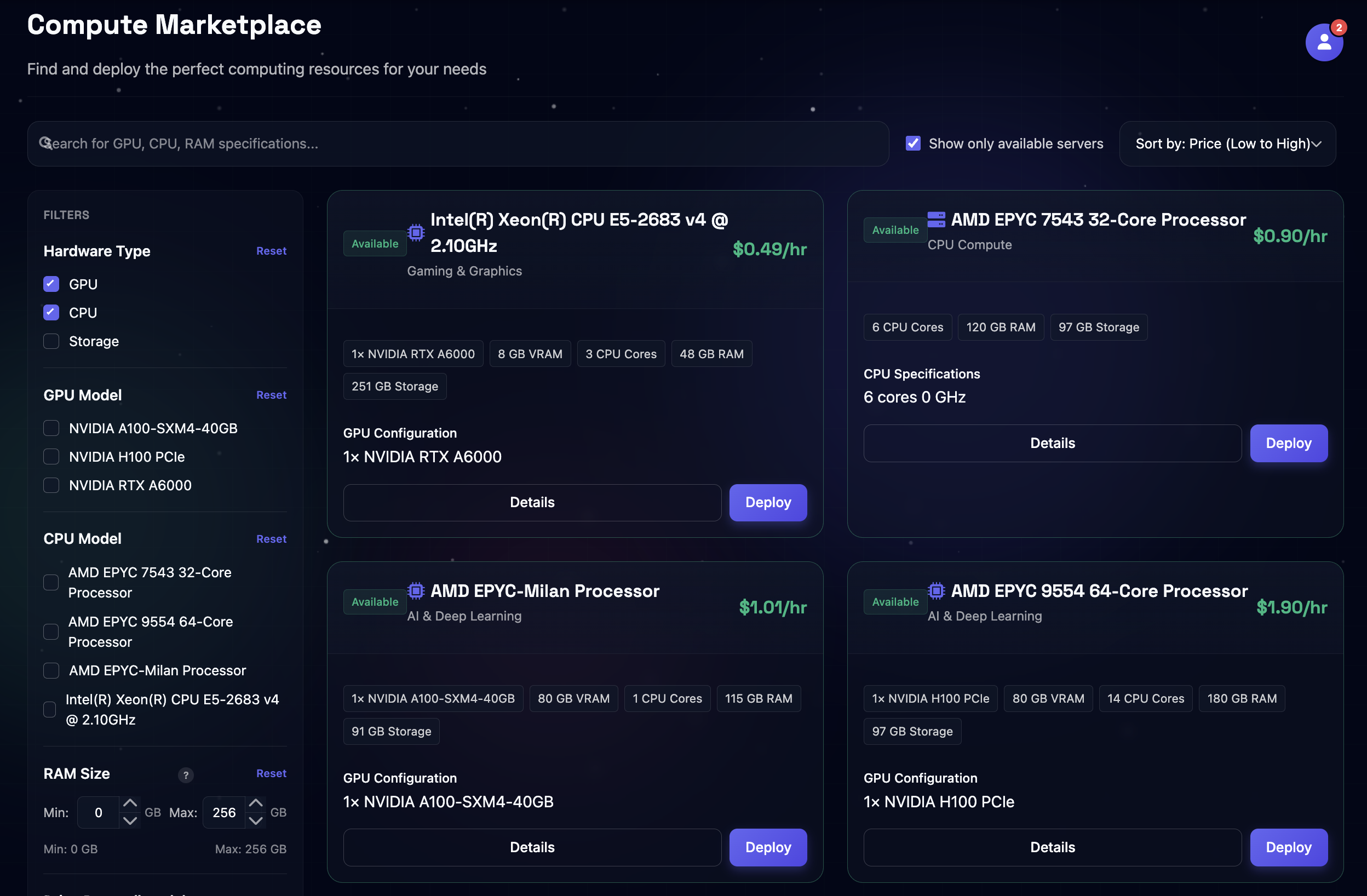 SLYD Compute Marketplace showing available instances