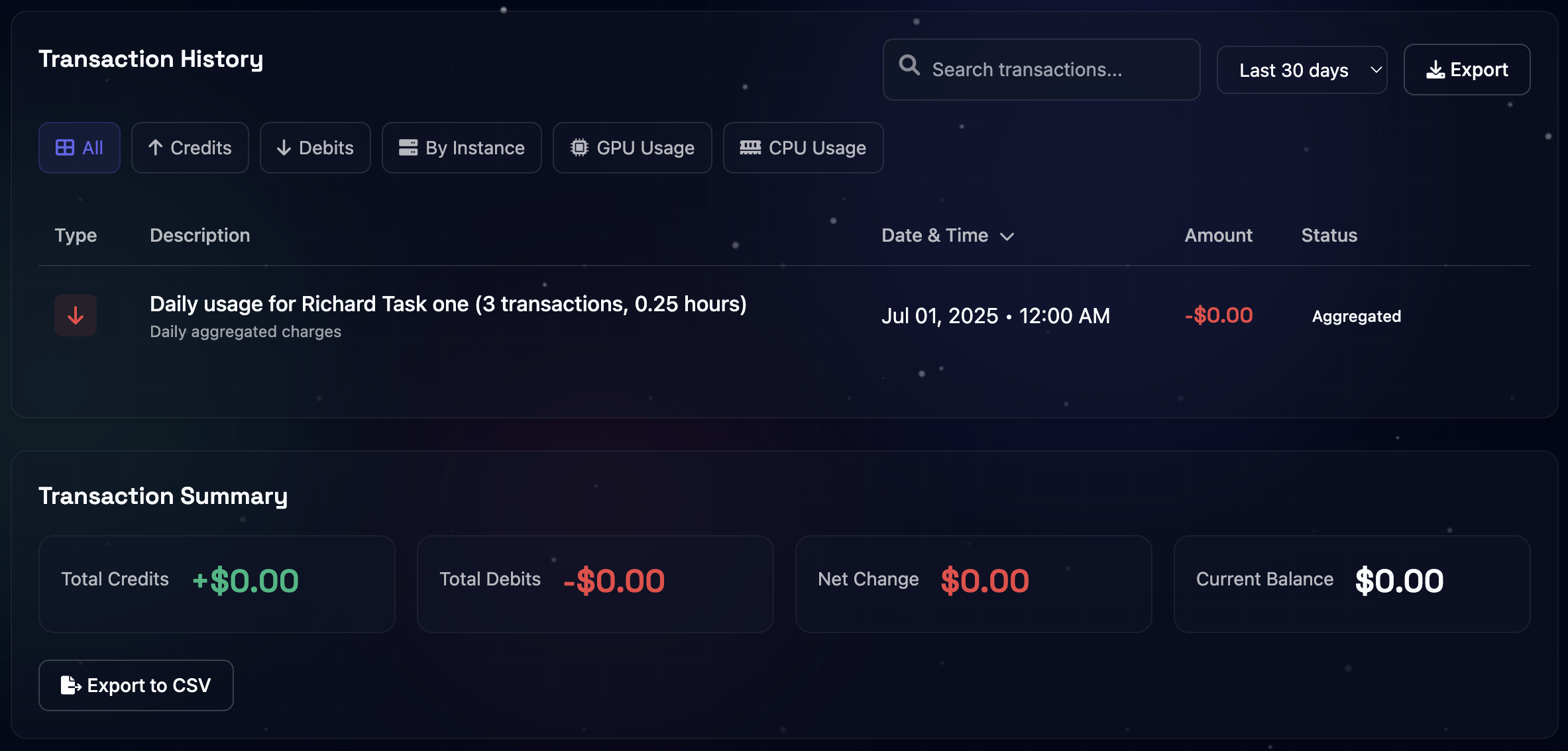 Transaction history interface showing filters, search, table, and summary features